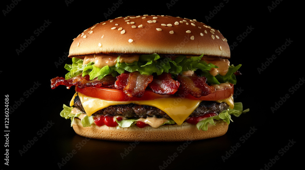A juicy burger stacked with fresh lettuce, melted cheese, and crispy bacon. A juicy burger stacked with fresh lettuce, melted cheese, and crispy bacon.