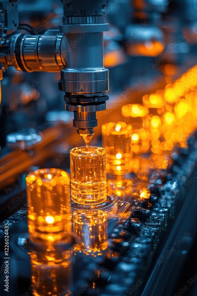 Industrial machinery processes glass containers in a factory setting at night Industrial machinery processes glass containers in a factory setting at night