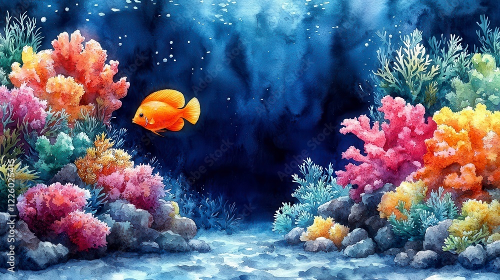 Obraz premium Vibrant coral reef, fish swimming, underwater scene, ocean background, nature art