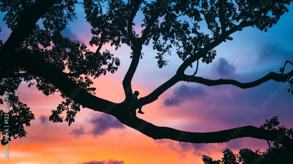 Person sits on tree branch silhouetted against sunset. Person sits on tree branch silhouetted against sunset.