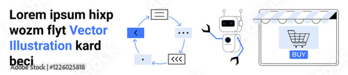 Robot interacting with online shopping platform, circular process arrows, and e-commerce cart. Ideal for automation, technology, e-commerce, AI tools, digital strategy, retail flat landing page