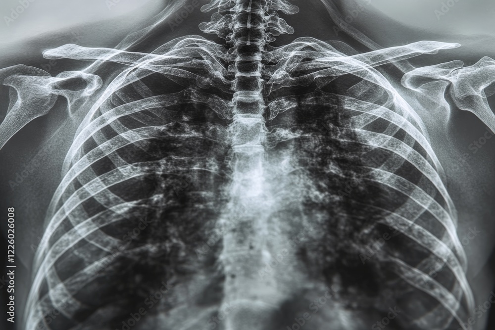 Detailed view of human ribcage and spine in medical imaging revealing skeletal structure and health condition Detailed view of human ribcage and spine in medical imaging revealing skeletal structure and health condition
