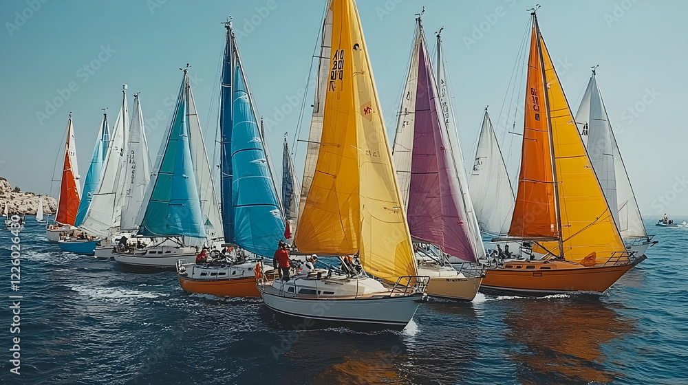 Fototapeta premium Sailboats race in sunny coastal waters; a vibrant regatta