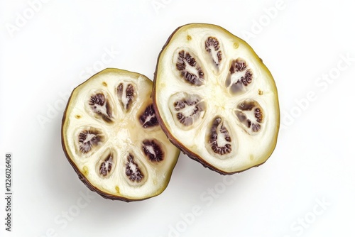 Fresh noni fruit slices, isolated on white background, vibrant green and yellow colors, healthy nutrition concept photo