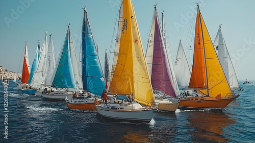 Sailboats race in sunny coastal waters;  a vibrant regatta photo