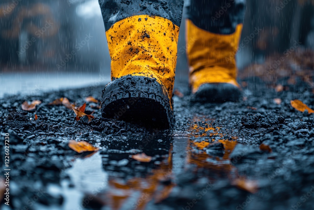 Walking through a rainy path in yellow boots surrounded by fallen leaves and puddles Walking through a rainy path in yellow boots surrounded by fallen leaves and puddles