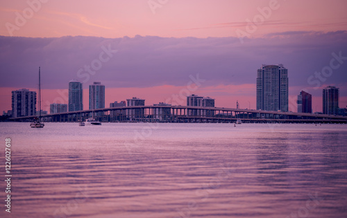 city skyline at sunset bridge key Biscayne road  photo