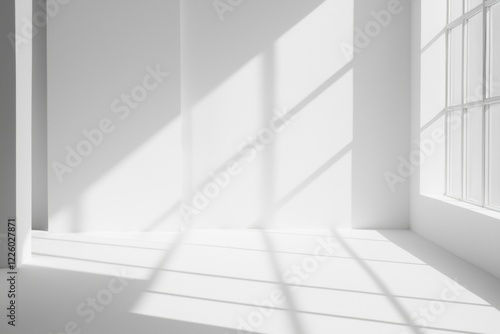 Sunlight streaming through a large window fills an empty white room, casting striking shadows across the clean walls and floor, enhancing the space's minimalist and tranquil ambiance