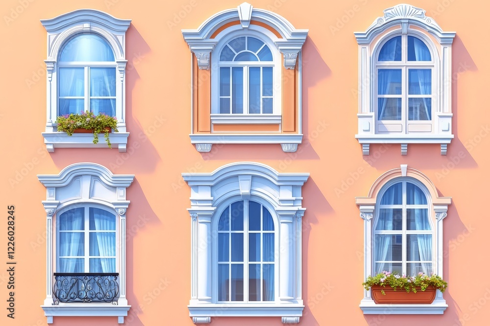 Obraz premium Colorful facade featuring elegant windows with planters against a pastel wall in a vibrant urban setting