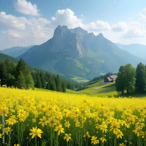 Yellow Meadow and Mountain Landscape in the Liptov Region, Slovakia. photo