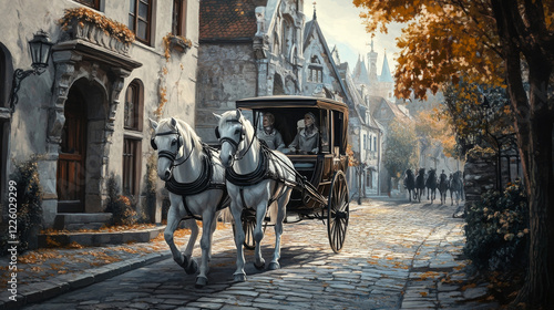 An elegant carriage drawn by horses moves gracefully through a cobblestone street. photo