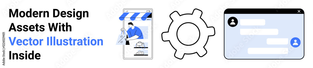 Tablet storefront, gear icon, and chat interface highlight app creation, e-commerce, and user interaction. Ideal for tech design, web apps, e-commerce, UIUX concepts software startups flat landing Tablet storefront, gear icon, and chat interface highlight app creation, e-commerce, and user interaction. Ideal for tech design, web apps, e-commerce, UIUX concepts software startups flat landing