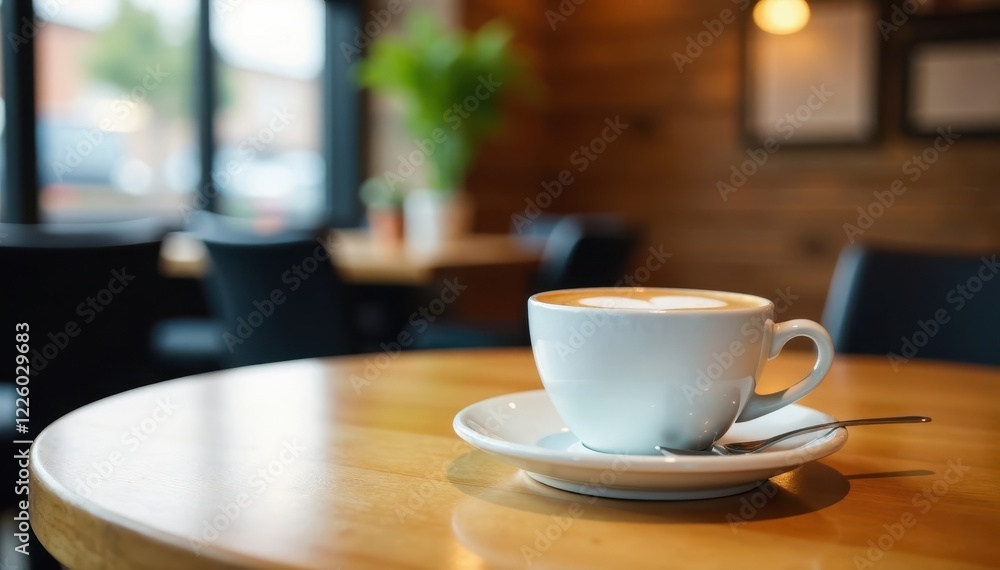 Perfectly poured latte, light wood table, cafe ambiance, drink, espresso Perfectly poured latte, light wood table, cafe ambiance, drink, espresso