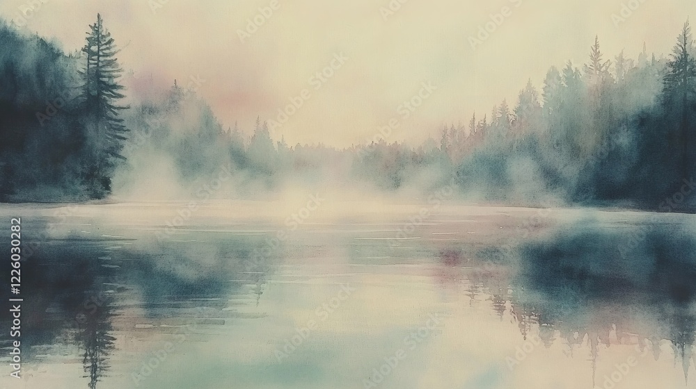 Serene Misty Lake in the Forest at Dawn - Watercolor Painting Serene Misty Lake in the Forest at Dawn - Watercolor Painting