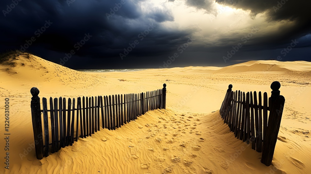 Dramatic Desert Seascape with Broken Wooden Fence Dramatic Desert Seascape with Broken Wooden Fence