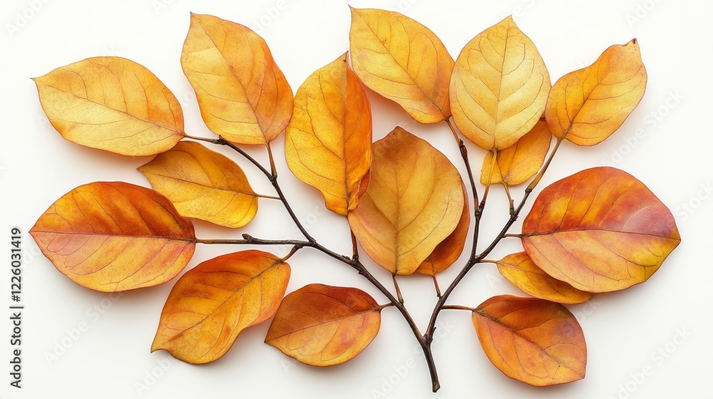 Obraz premium Golden Autumn Leaves Branch on White Background
