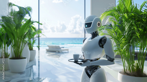 Futuristic living. Futuristic humanoid robot serving coffee in luxury modern home. Home assistant photo