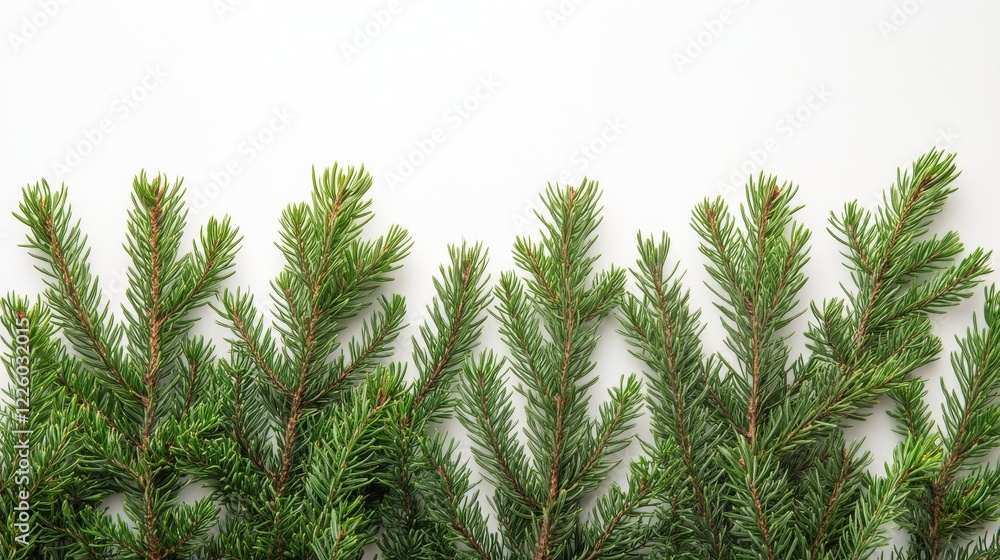 Obraz premium Green Pine Branches Arranged Against White Background