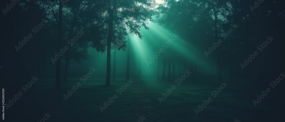 Fototapeta premium Sunbeams in misty forest; nature background