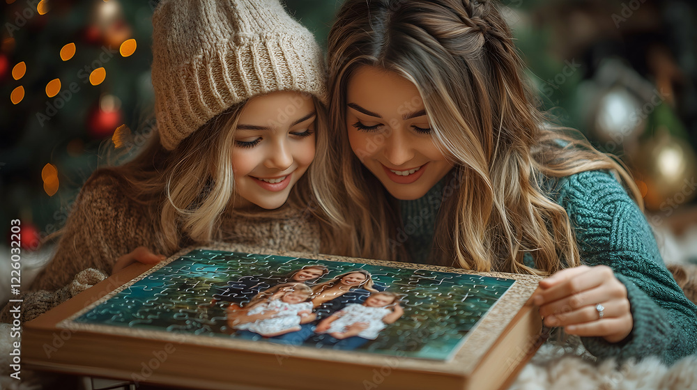 Fototapeta premium Sisters opening custom family photo puzzle by Christmas tree