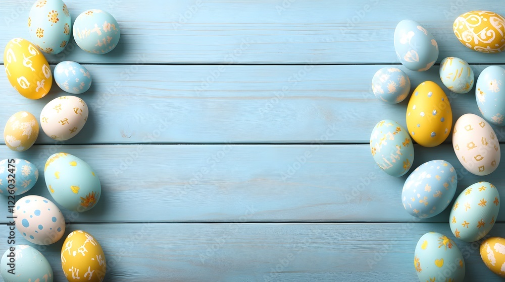 Obraz premium Pastel Easter Eggs on Blue Wooden Background