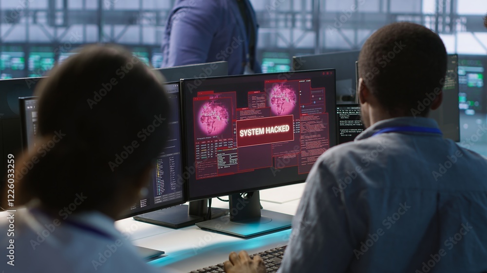 Cybersecurity team monitoring security incidents, alerted by security breach alert, working together to get rid of virus, protecting infrastructure from threats, camera A Cybersecurity team monitoring security incidents, alerted by security breach alert, working together to get rid of virus, protecting infrastructure from threats, camera A