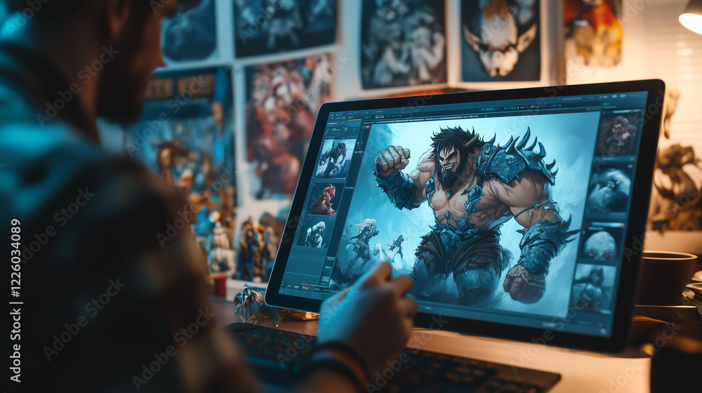 Close-up photo of a game designer creating character concepts for a fantasy game, showcasing detailed artwork and digital sketching of powerful and epic characters. Close-up photo of a game designer creating character concepts for a fantasy game, showcasing detailed artwork and digital sketching of powerful and epic characters.