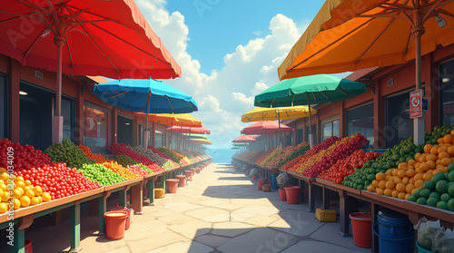 A bustling outdoor market with colorful fresh fruit and vegetable stands