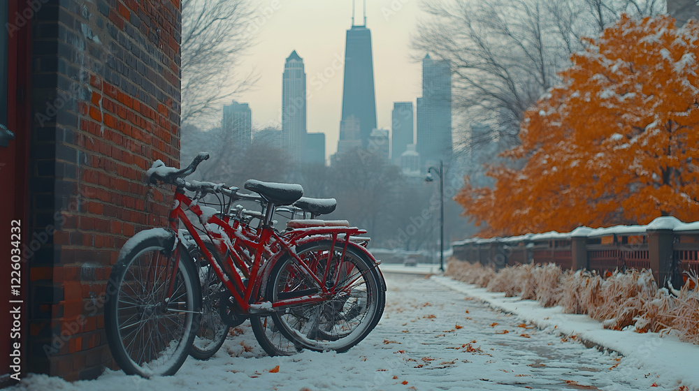 Snowy city park, bikes near brick wall, autumn leaves, cityscape background; winter scene Snowy city park, bikes near brick wall, autumn leaves, cityscape background; winter scene