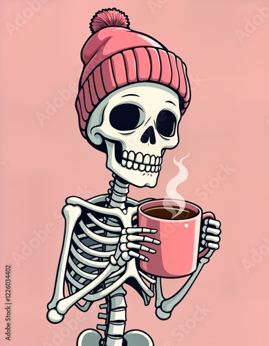Cute skeleton wearing pink beanie enjoys hot coffee. Skeleton cozy, relaxed. Illustration pastel pink background. Funny character perfect for love cute humor, surreal imagery. Coffee break, chill