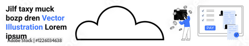 Cloud with businessperson holding briefcase of falling coins beside document and payment setup. Ideal for finance apps, storage services, e-commerce, digital security, cloud computing, business
