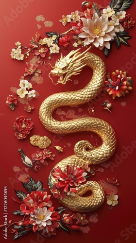 Golden snake coiled among vibrant flowers for elegant decoration and design