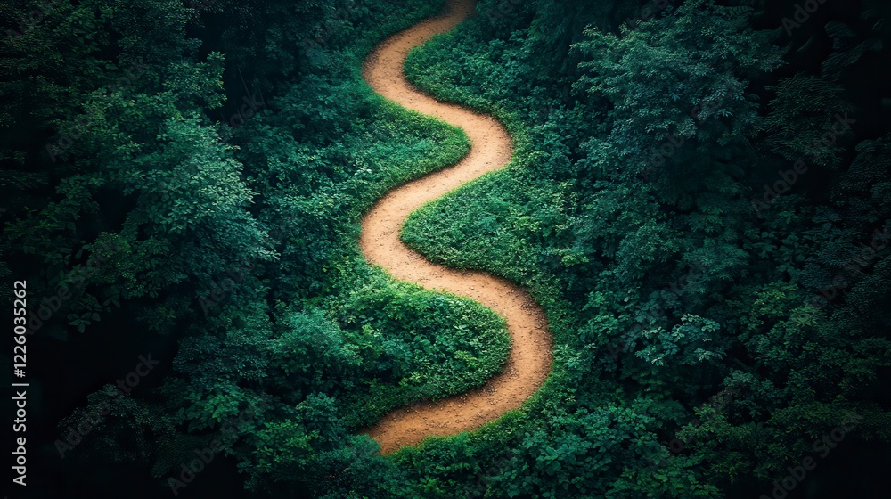 Winding path through lush forest, aerial view