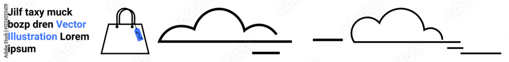 Shopping bag with label beside linear abstract cloud shapes, evoking simplicity, retail, and abstraction. Ideal for e-commerce, minimalism, branding, contemporary design, retail promotions Shopping bag with label beside linear abstract cloud shapes, evoking simplicity, retail, and abstraction. Ideal for e-commerce, minimalism, branding, contemporary design, retail promotions