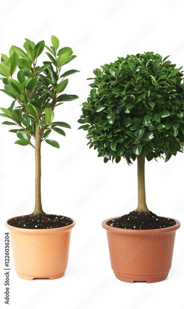 Obraz premium Two potted bonsai trees, indoor plants, white background, home decor, website use