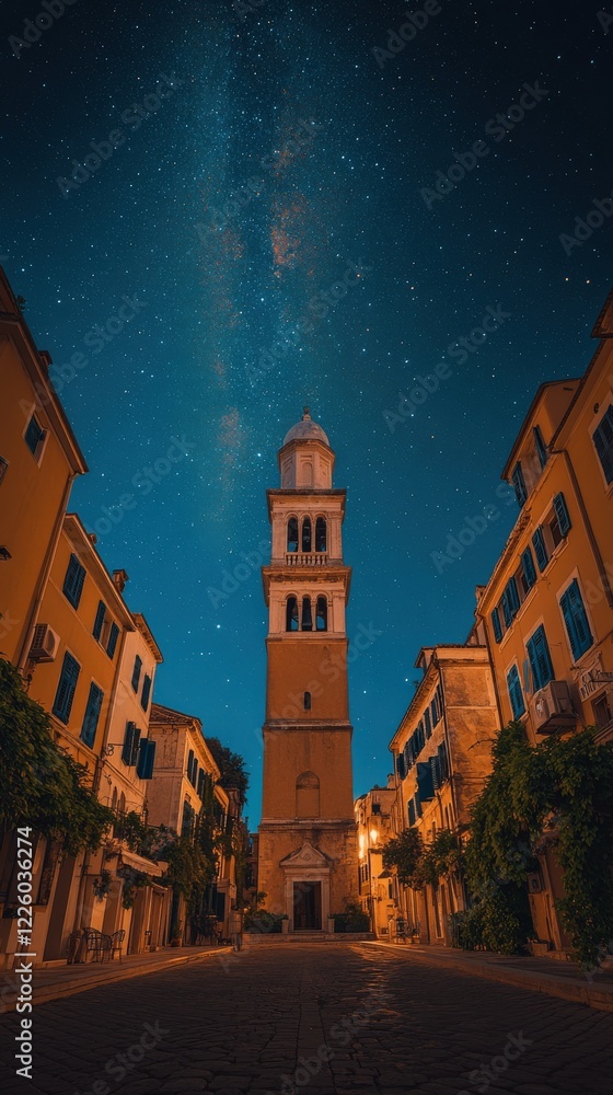 Naklejka premium Stunning Nighttime View of Historic Church Tower Amid Starlit Sky in Charming Old Town Street - Capturing Architecture and Night Photography Marvel