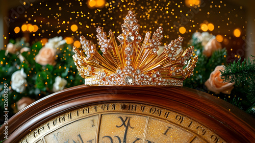 Sparkling crown on antique clock, New Year's Eve celebration, festive background photo