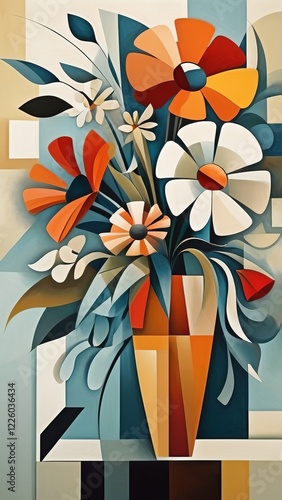 Abstract geometric floral painting with colorful vase.