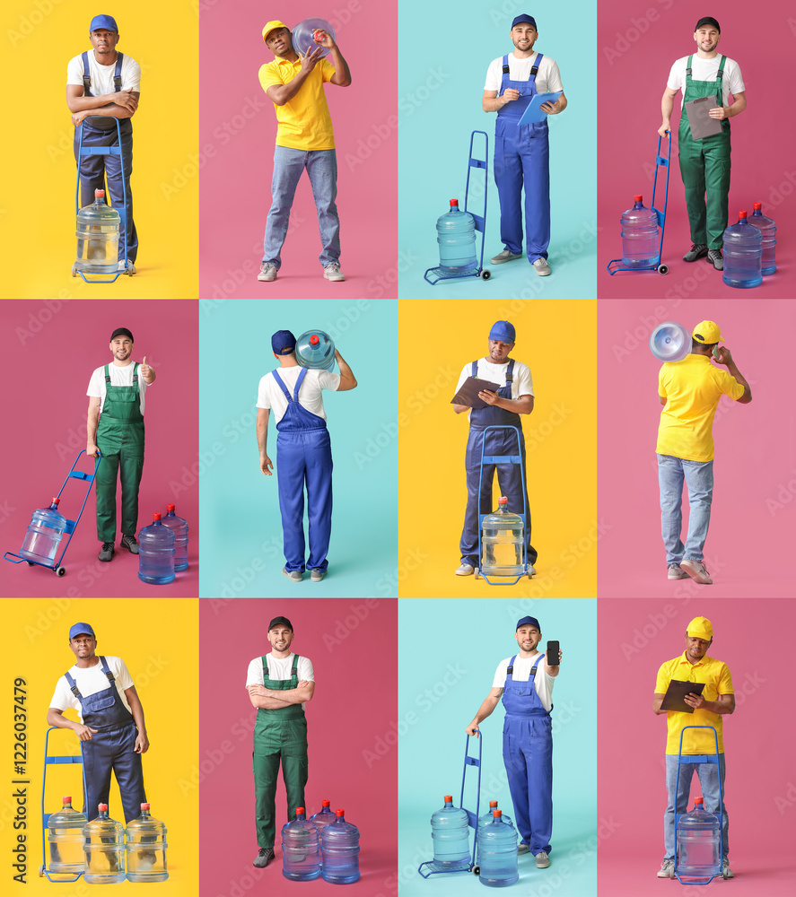 Naklejka premium Group of delivery men with bottles of water on color background
