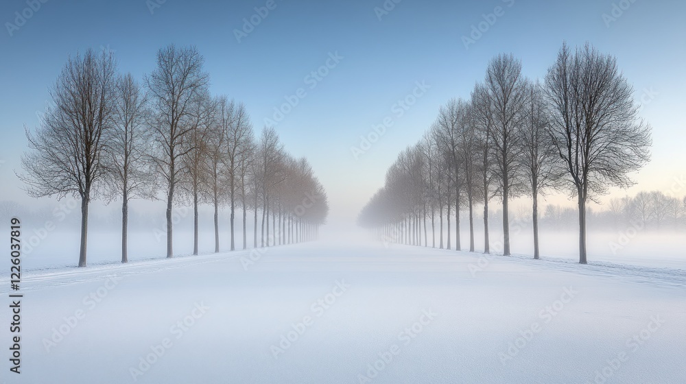Winter landscape misty trees align a snow-covered path. Use winter serenity postcard Winter landscape misty trees align a snow-covered path. Use winter serenity postcard