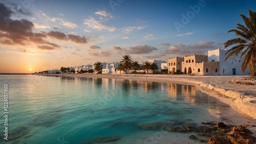 Tranquil view of Djerba at sunset with calm waters reflecting the sky and palm trees along the shoreline