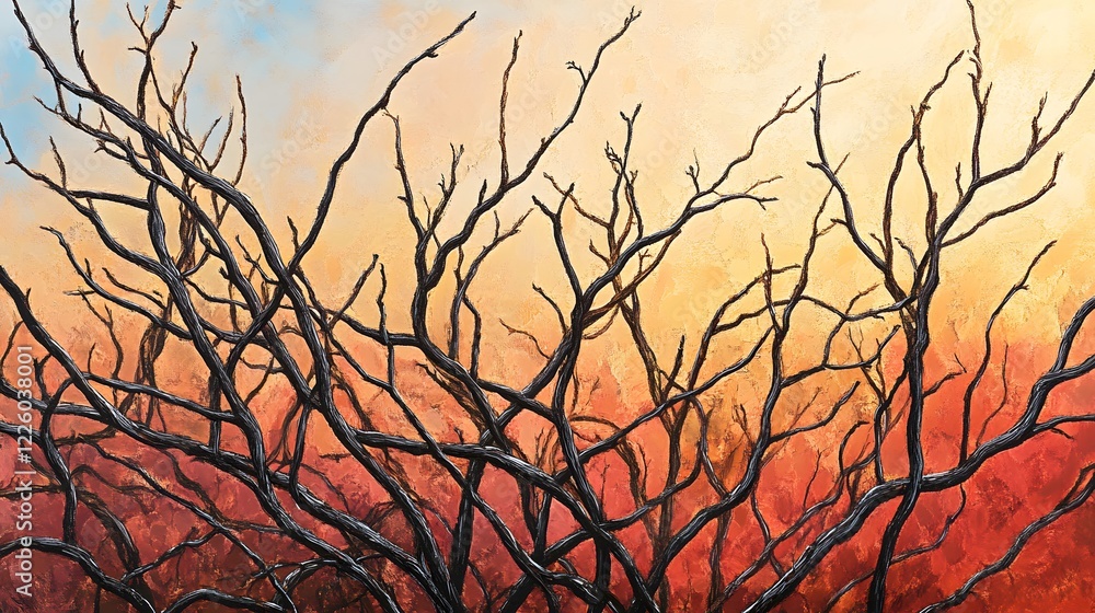 Abstract Sunset Landscape with Bare Branches