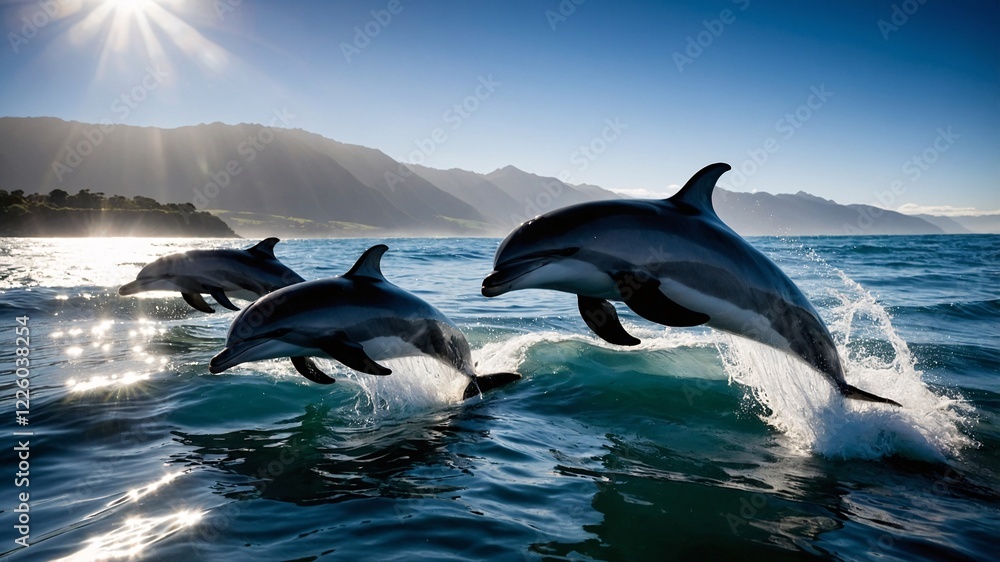 Obraz premium Dolphins gracefully leap through vibrant ocean waters under a stunning sky with mountains in the background during a bright afternoon