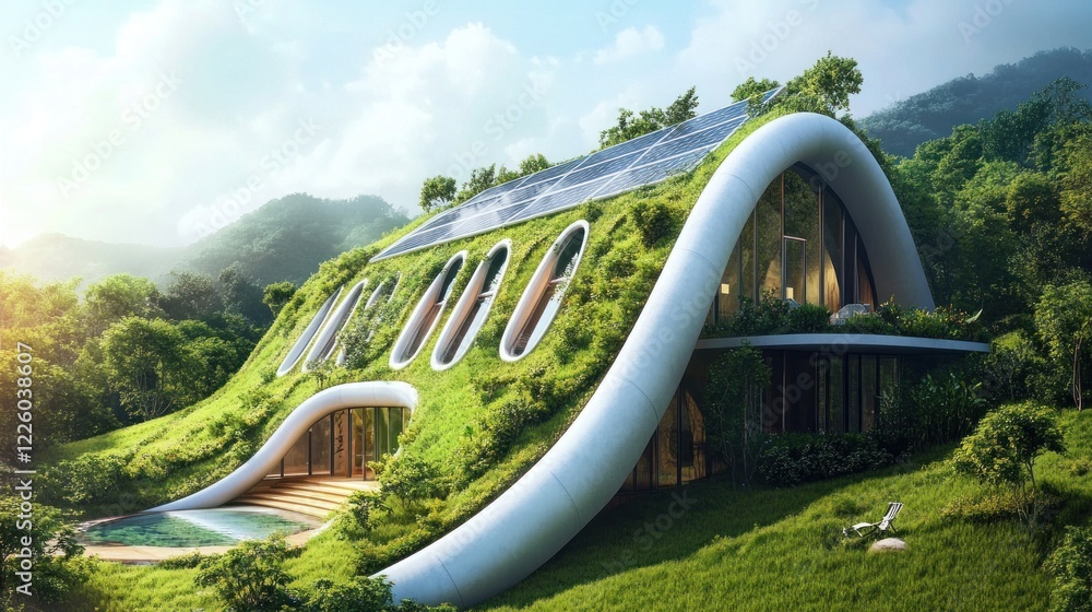 Fototapeta premium Modern green home with solar panels and unique architecture blending into natural landscape