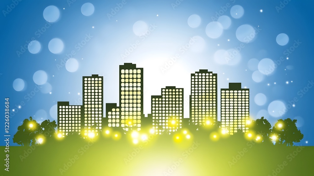 Night Cityscape Silhouette with Glowing Lights and Bokeh Background Night Cityscape Silhouette with Glowing Lights and Bokeh Background