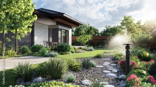 Modern house with a well-maintained garden and sprinkler system on a sunny day