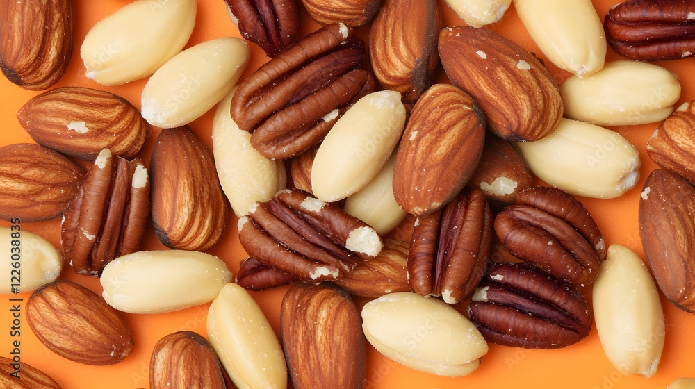 Close-up of Assorted Nuts, Almonds, Pecans, and Brazil Nuts on Orange Background Close-up of Assorted Nuts, Almonds, Pecans, and Brazil Nuts on Orange Background