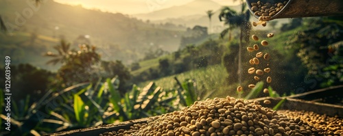 Freshly harvested coffee beans are poured for drying at a coffee plantation in the mountains