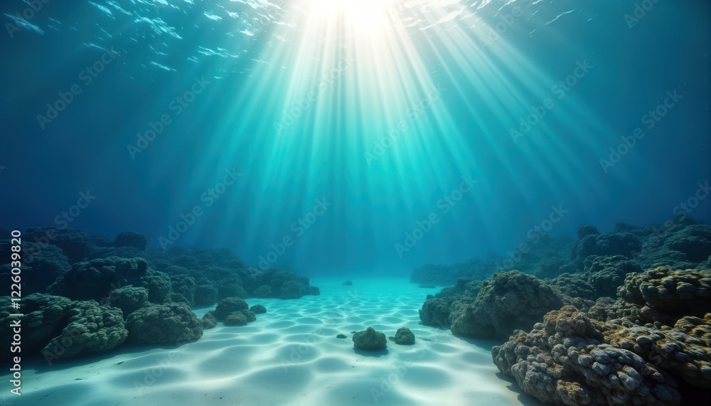 Fototapeta premium Serene underwater scene sunlight beams penetrating crystal-clear turquoise water. Sandy seabed, dark gray rocks form natural underwater landscape. Calmness, beauty evident in captivating image of