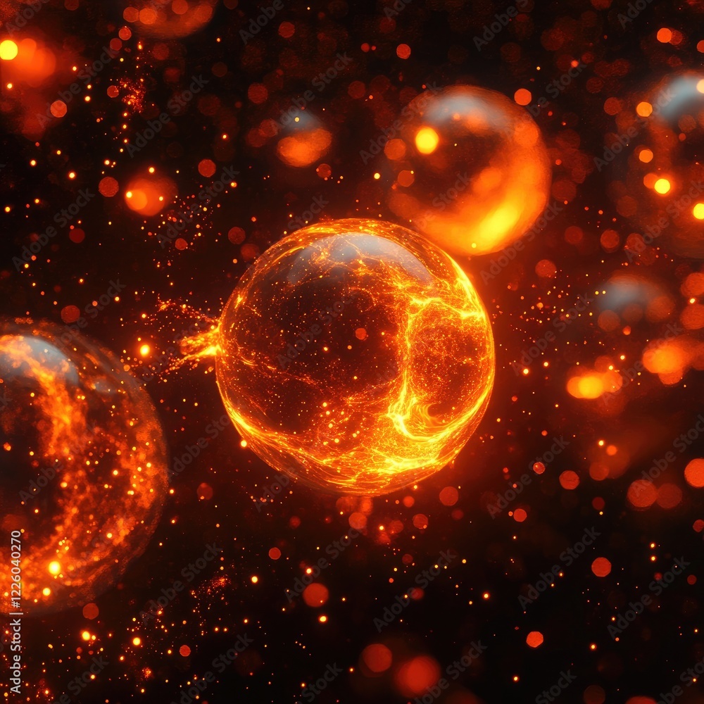 Fiery Orange Spheres Glowing in Dark Space Fiery Orange Spheres Glowing in Dark Space